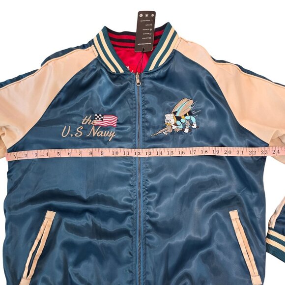 Reversible Satin Bomber Jacket U.S. Navy Seabees Embroidery & Cranes Design M - Picture 10 of 16